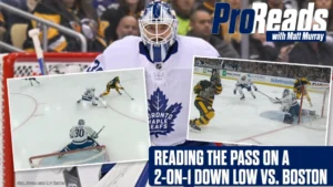 Matt Murray in Maple Leafs gear tracking a 2-on-1 down low against the Boston Bruins, reading a cross-ice pass