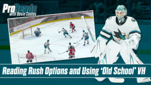 San Jose Sharks goalie Devin Cooley in VH stance at post defending an odd-man rush during a pro reads instructional segment.