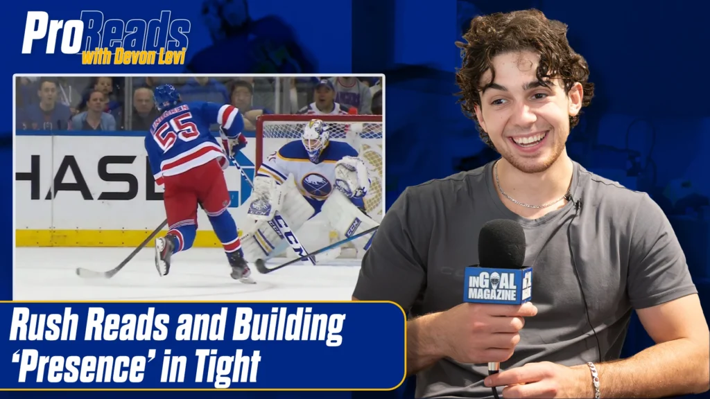 Devon Levi hosts ProReads episode on rush reads, with inset of Levi making a save in Buffalo Sabres blue and gold pads