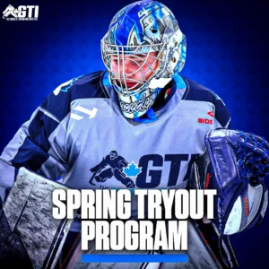 GTI goalie in blue and grey gear and decorated mask poses for GTI Spring Tryout Program promotional graphic