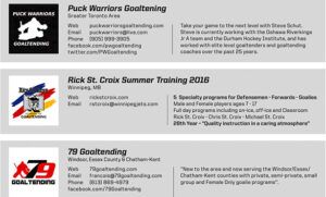Directory listing of three goalie training programs: Puck Warriors, Rick St. Croix Summer Training 2016, and 79 Goaltendin...