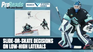 Seattle Kraken goalie Joey Daccord demonstrates slide-or-skate lateral movement decisions in a ProReads instructional brea...