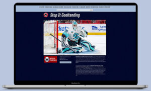 Seattle Kraken goalie in butterfly position making a save, wearing teal and white gear, on the Stop It Goaltending website