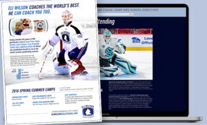 Eli Wilson goalie coaching advertisement showing goalie in teal Seattle Kraken gear in butterfly save position