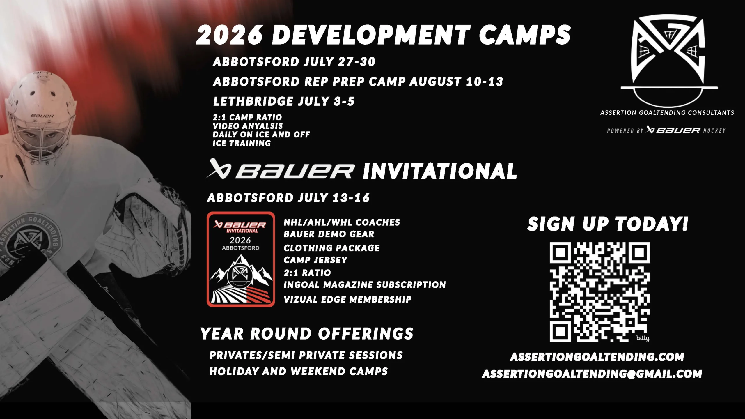Assertion Goaltending Consultants 2026 development camp schedule flyer for Abbotsford, Lethbridge, and Bauer Invitational ...