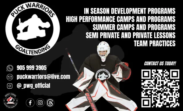 Puck Warriors Goaltending logo and illustrated goalie in full gear promoting development programs in Oshawa, ON