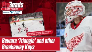 Cam Talbot in Detroit Red Wings gear faces a breakaway, illustrated with ProReads triangle positioning diagram overlay