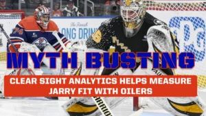 Tristan Jarry in Pittsburgh Penguins gear faces off in split-screen with an Edmonton Oilers goalie in butterfly stance