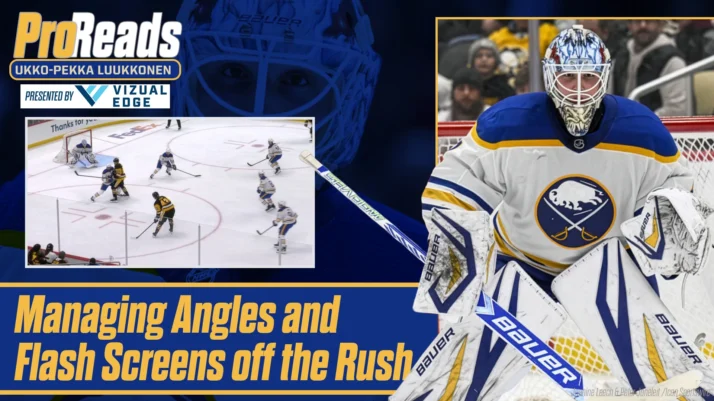 Buffalo Sabres goalie Ukko-Pekka Luukkonen in stance during rush coverage, with angle and screen drill footage inset above.