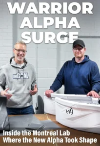 InGoal staff and Warrior rep in Montreal lab with new Alpha Surge goalie pads during product development visit