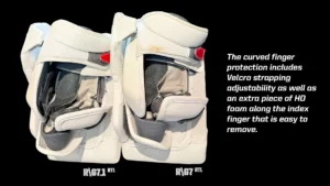 Warrior G7 goalie blocker showing curved finger protection with Velcro strapping and HD foam index finger insert