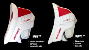 Warrior G7 RTL and G7.1 RTL blocker comparison showing design differences in flutter board curve and palm options