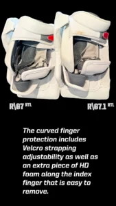 Warrior G7 blocker finger protection detail showing curved design, Velcro strapping, and HD foam index finger piece