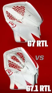 Warrior G7 RTL vs G7.1 RTL goalie gloves comparison in white and red colorway