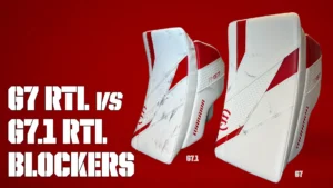 Warrior G7 RTL vs G7.1 RTL goalie blockers side-by-side comparison in white and red colorway
