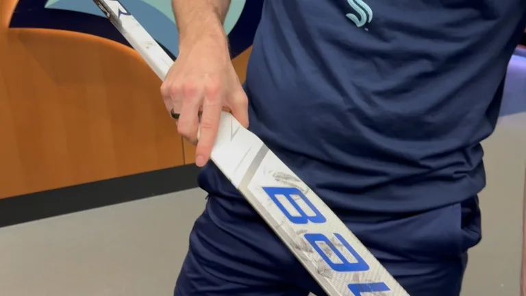 Seattle Kraken goalie Philipp Grubauer demonstrating his custom grip on a Bauer goalie stick