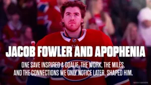 Jacob Fowler in Montreal Canadiens red jersey during pre-game ceremony, head raised, focused expression
