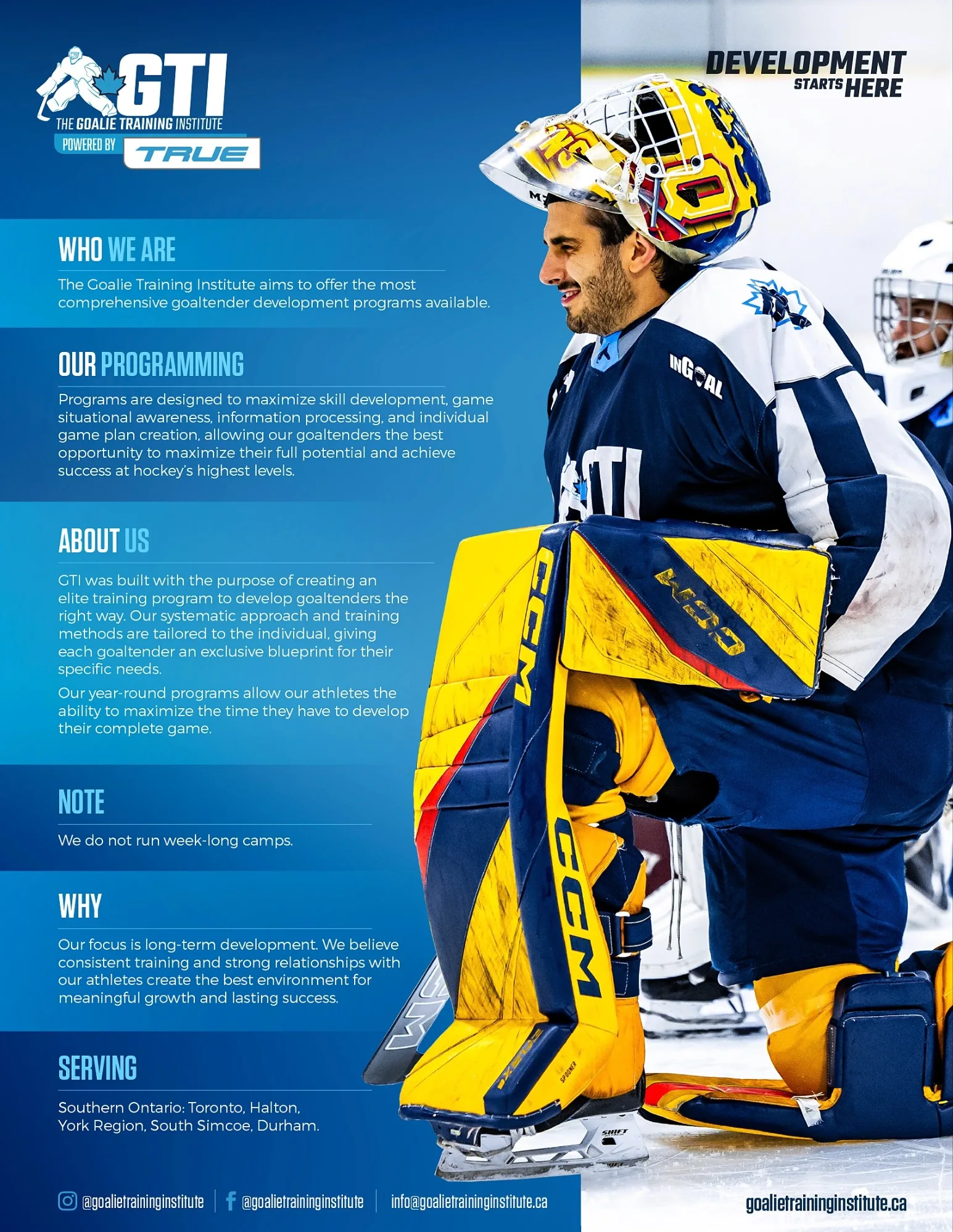 GTI goalie coach smiling in yellow and blue pads and mask during on-ice session in Toronto