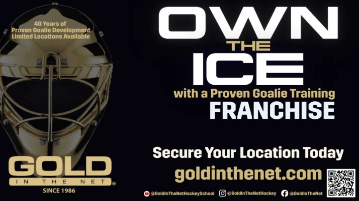 Gold in the Net goalie training franchise ad featuring a gold hockey goalie mask, promoting locations in Red Deer, AB