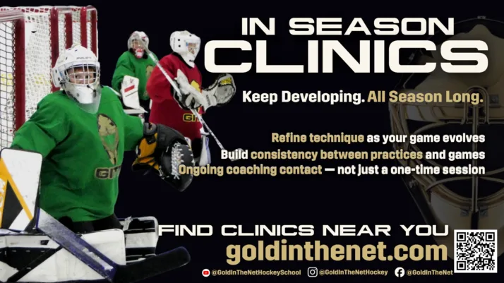 Gold in the Net in-season goalie clinics promotional banner featuring a goalie in green gear making a save, Red Deer AB