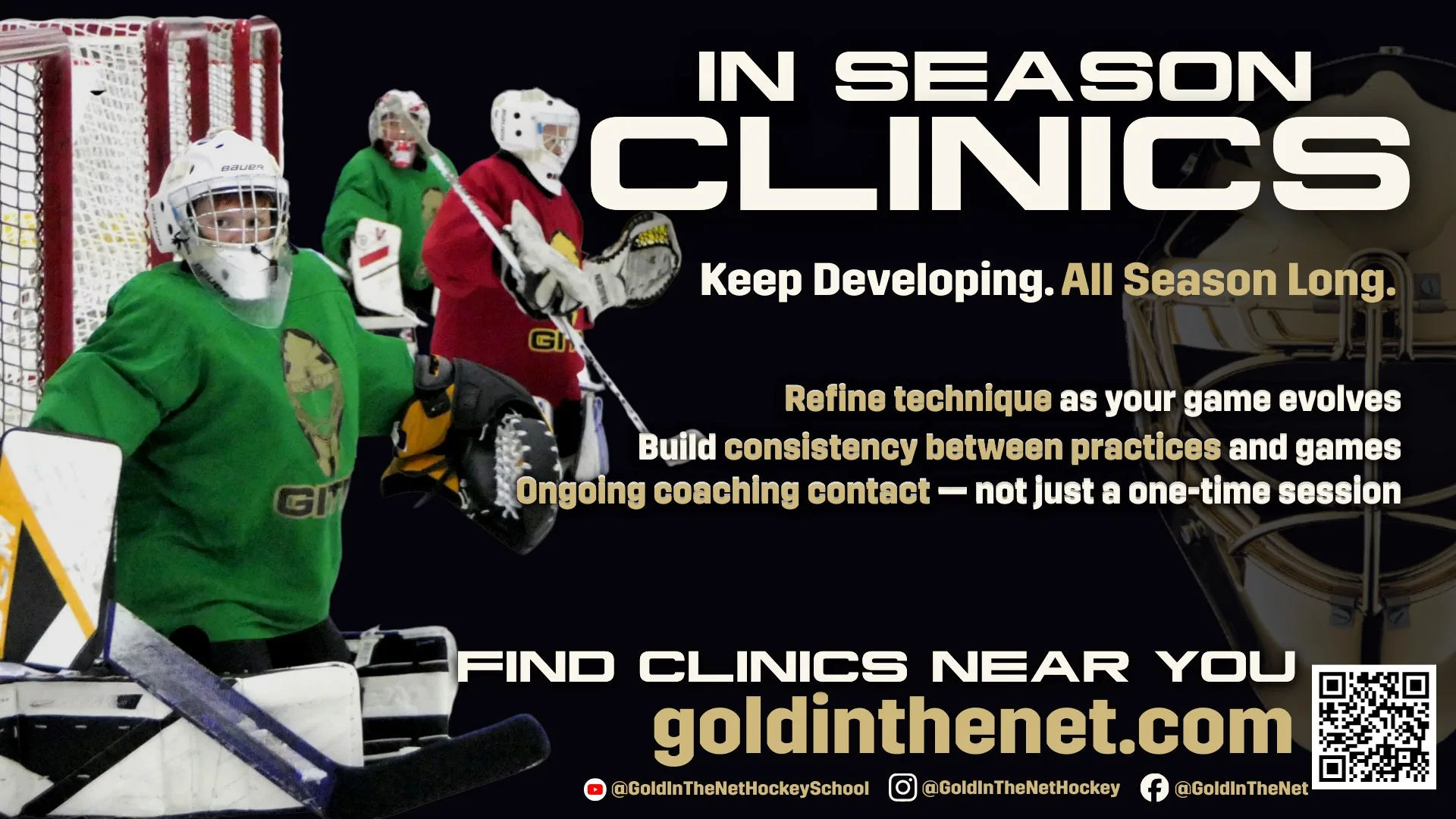 Gold in the Net in-season goalie clinics promotional banner featuring a goalie in green gear making a save, Red Deer AB