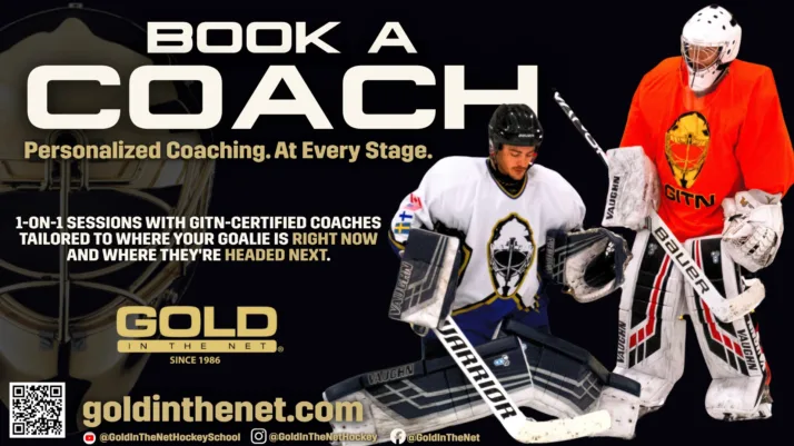 Gold in the Net goalie coaching promotional banner featuring two goalies in full equipment, Red Deer, AB
