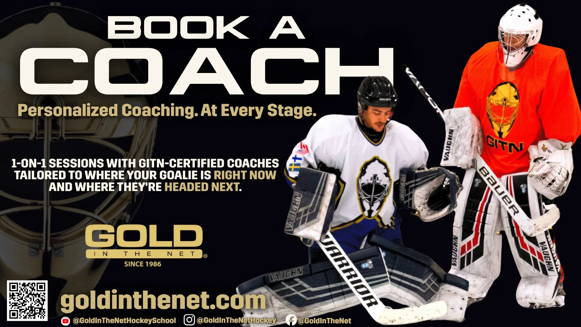 Gold in the Net goalie coaching promotional banner featuring two goalies in full equipment, Red Deer, AB