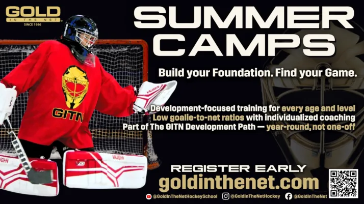 Gold in the Net summer goalie camp promotional banner featuring a young goalie in red GITN jersey during on-ice training i...