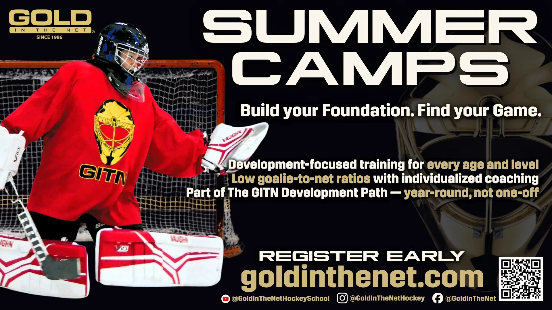 Gold in the Net summer goalie camp promotional banner featuring a young goalie in red GITN jersey during on-ice training i...