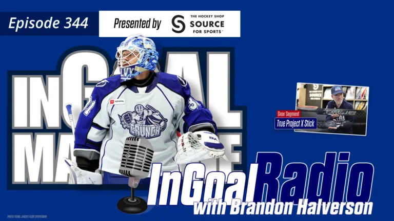 InGoal Radio Episode 344 featuring Syracuse Crunch goalie Brandon Halverson in white and purple Crunch gear