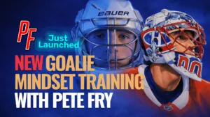 Pete Fry goalie mindset training promotional graphic featuring two masked goalies for Sense Arena's new program