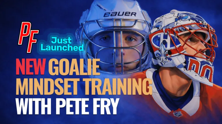Pete Fry goalie mindset training promotional graphic featuring two masked goalies for Sense Arena's new program