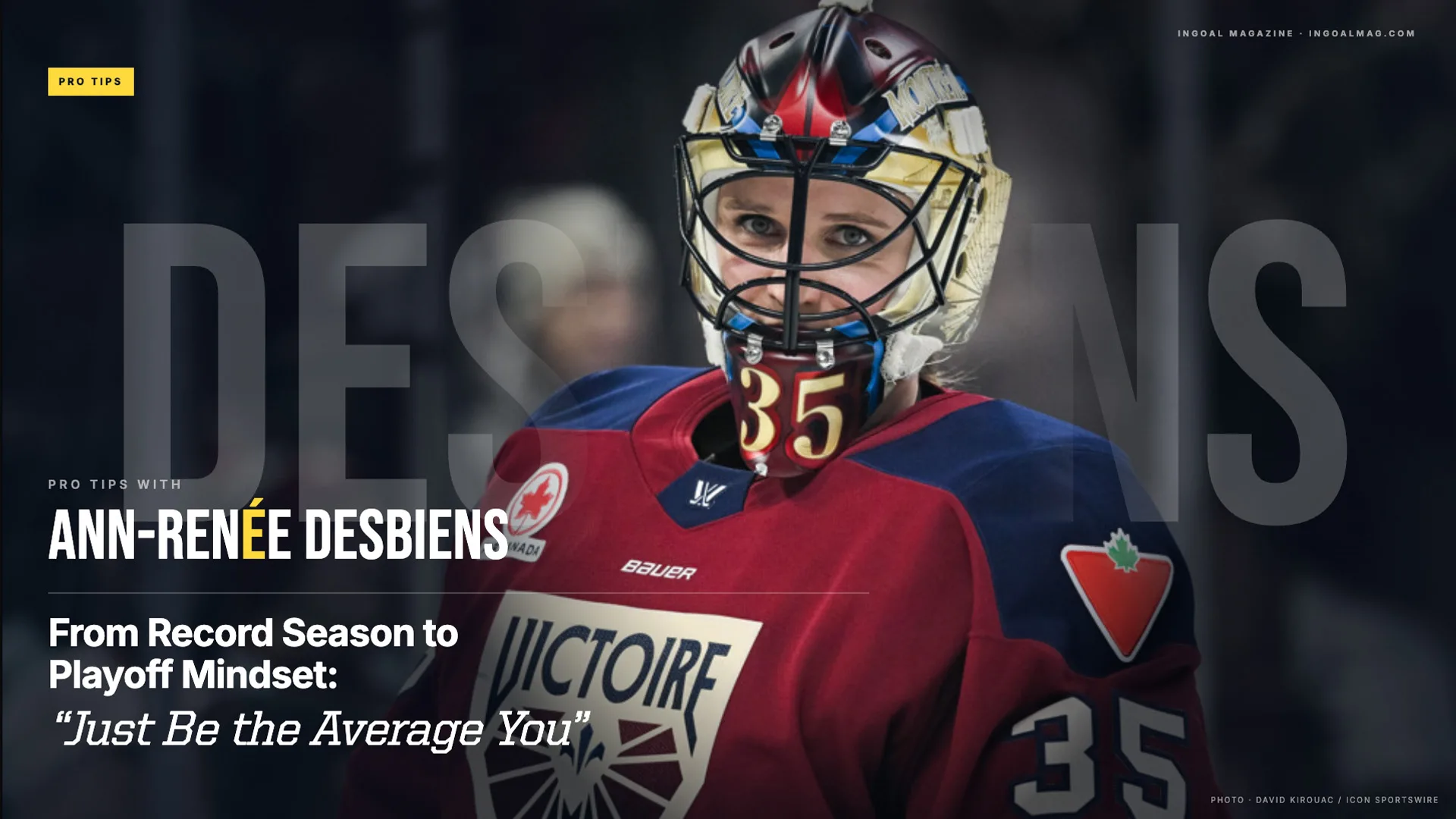 Ann-Renée Desbiens in red Canada uniform wearing Victoire-branded gear and #35 mask, posed in portrait