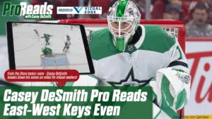 Dallas Stars goalie Casey DeSmith in white/green gear tracks an east-west pass in a ProReads instructional video still.