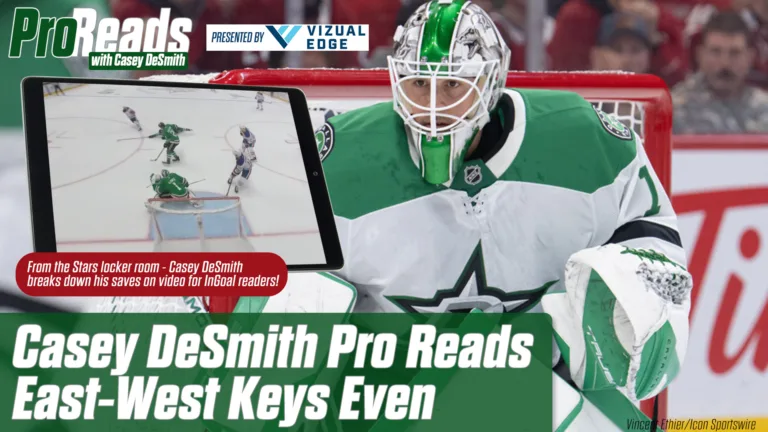 Dallas Stars goalie Casey DeSmith in white/green gear tracks an east-west pass in a ProReads instructional video still.