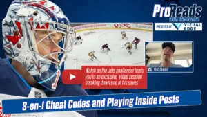 Eric Comrie in Jets gear faces a 3-on-1 rush in a ProReads video breakdown thumbnail