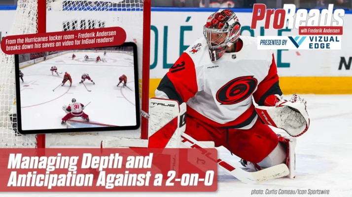 Frederik Andersen in Hurricanes gear tracking a 2-on-0, challenging depth in butterfly stance during Carolina game