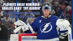 Tampa Bay Lightning goalie in full gear gestures on ice during 2026 Stanley Cup Playoffs opener