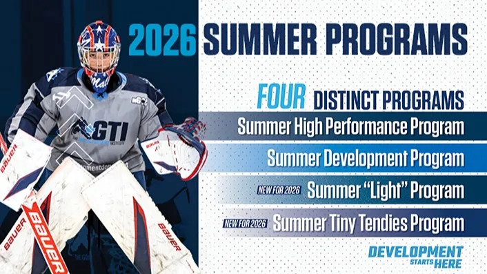 GTI goalie coach in full gear poses for Goalie Training Institute 2026 Summer Programs promotional graphic, Toronto