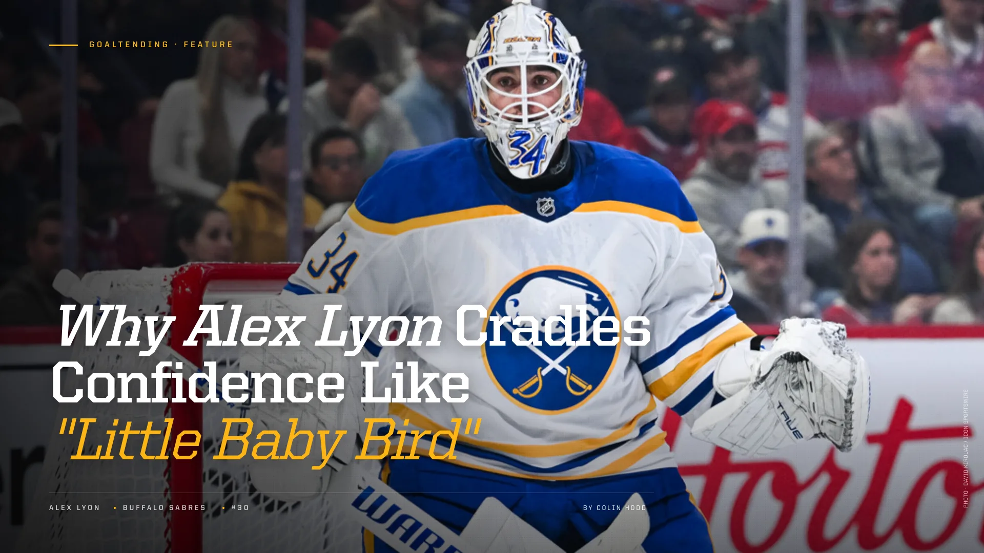 Buffalo Sabres goalie Alex Lyon in white jersey and blue mask in ready position during an NHL game