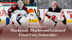 Mackenzie Blackwood in New Jersey Devils red gear and Cory Schneider in Colorado Avalanche white gear in butterfly position