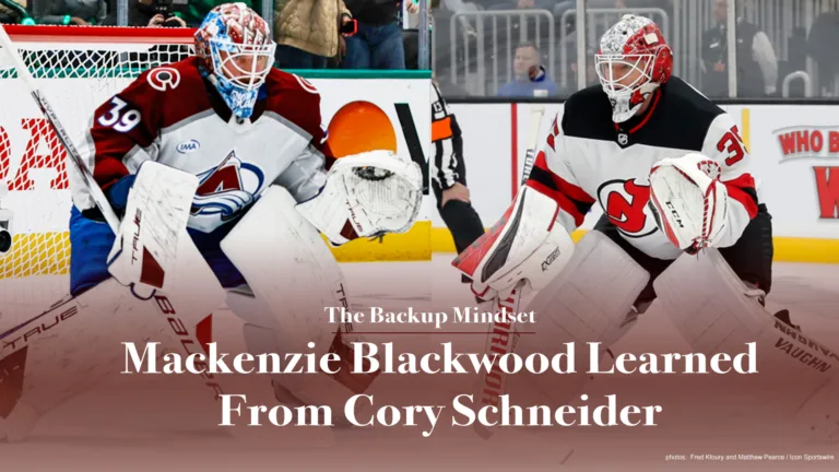 Mackenzie Blackwood in New Jersey Devils red gear and Cory Schneider in Colorado Avalanche white gear in butterfly position