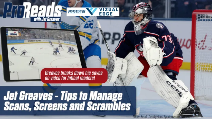 Columbus Blue Jackets goalie Jet Greaves in butterfly position tracking a screen in front during a game