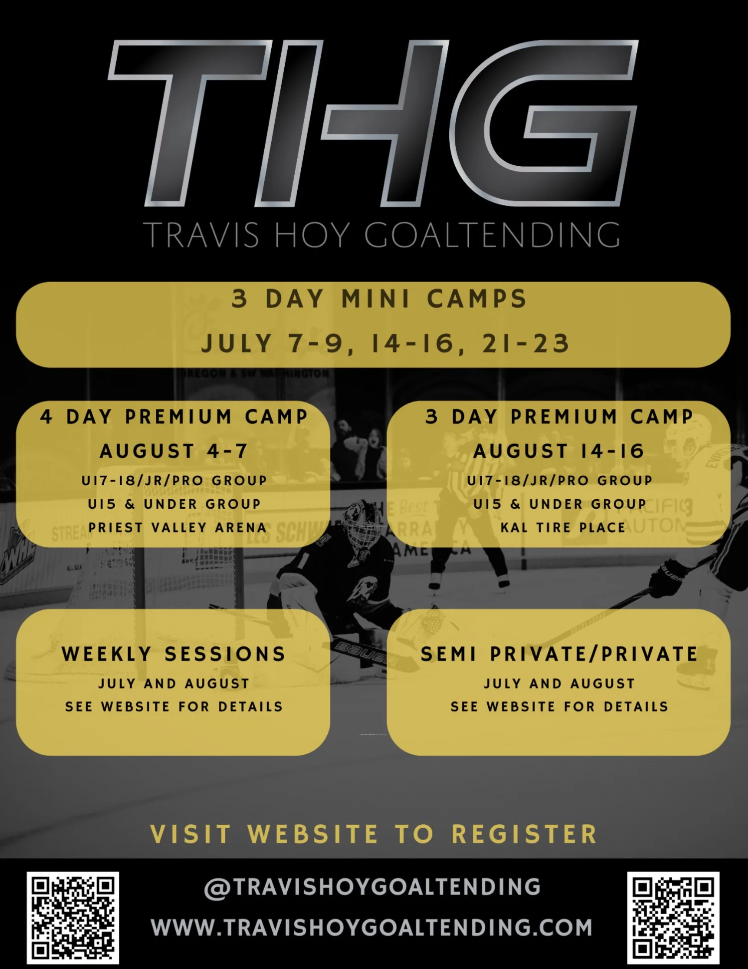 Travis Hoy Goaltending camp flyer listing 3-day mini camps, 4-day and 3-day premium camps, weekly sessions in Vernon, BC