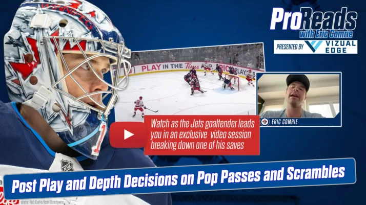Eric Comrie of the Winnipeg Jets in an InGoal Pro Reads video breakdown of post play and depth decisions against the Carolina Hurricanes