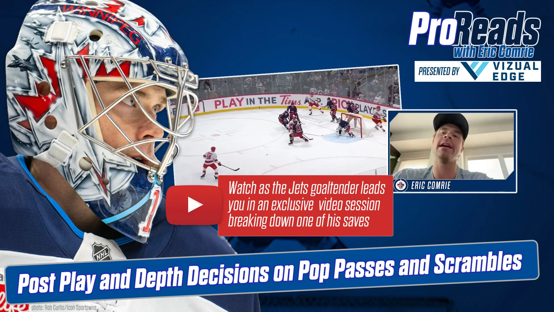 Eric Comrie of the Winnipeg Jets in an InGoal Pro Reads video breakdown of post play and depth decisions against the Carolina Hurricanes