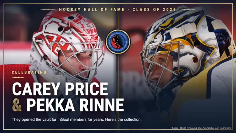 Hockey Hall of Fame Class of 2024 graphic featuring Carey Price and Pekka Rinne in their signature goalie masks and gear