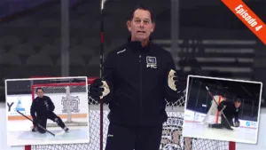 Goalie coach Ian Clark stands on ice in black FRC gear, with inset clips showing goalies practicing post anchoring drills.