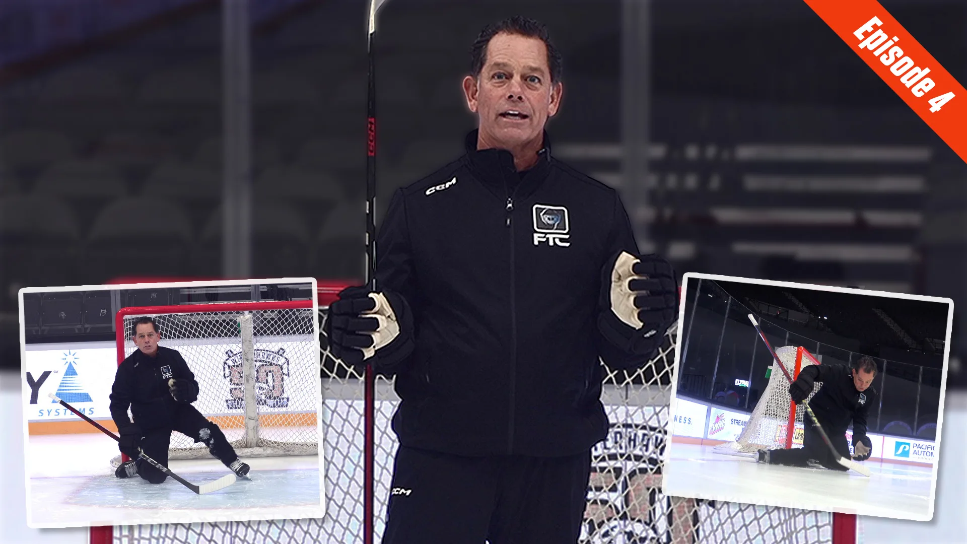 Goalie coach Ian Clark stands on ice in black FRC gear, with inset clips showing goalies practicing post anchoring drills.