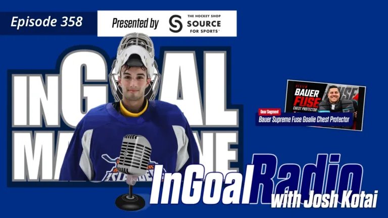 InGoal Radio Episode 358 featuring New York Islanders goalie prospect Josh Kotai in blue and gold gear with podcast microp...